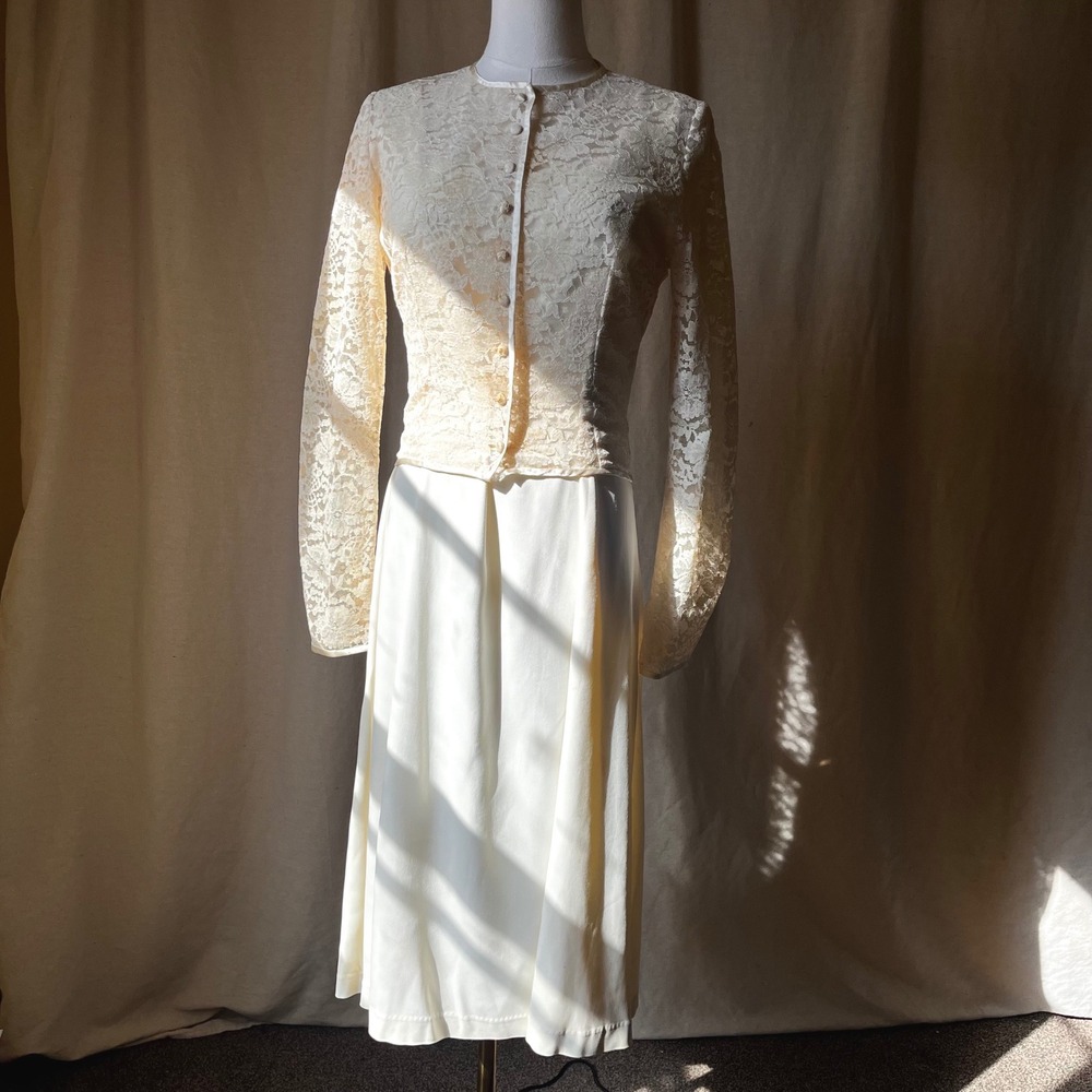 Vintage 60s Ivory Lace Bridal Jacket Fitted Wedding Top Cropped Size S